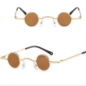 Brown Round Small Lens Gold Metal Frame Sunglasses Sunnies NEW